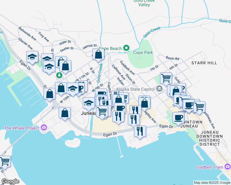 map of restaurants, bars, coffee shops, grocery stores, and more near 361 Distin Avenue in Juneau