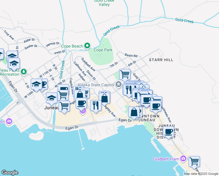 map of restaurants, bars, coffee shops, grocery stores, and more near 113 5th Street Stairs in Juneau
