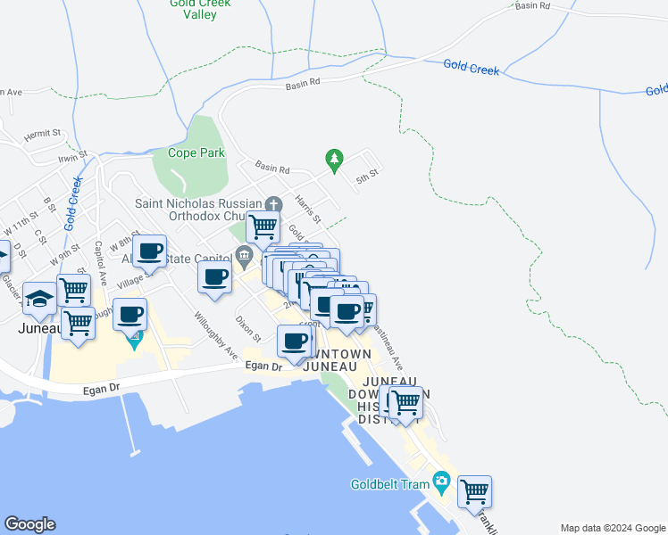 map of restaurants, bars, coffee shops, grocery stores, and more near 215 Gold Street in Juneau