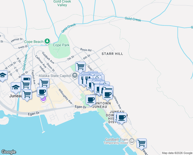 map of restaurants, bars, coffee shops, grocery stores, and more near 301 3rd Street in Juneau