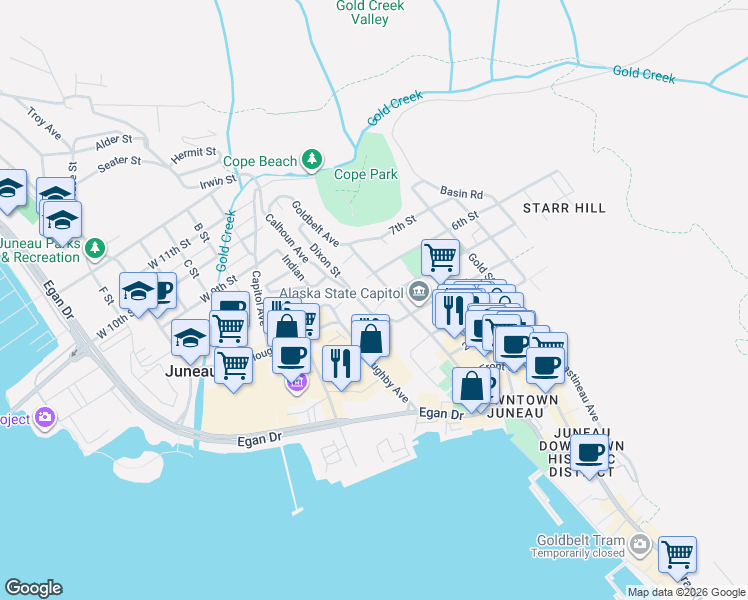 map of restaurants, bars, coffee shops, grocery stores, and more near 113 5th Street Stairs in Juneau