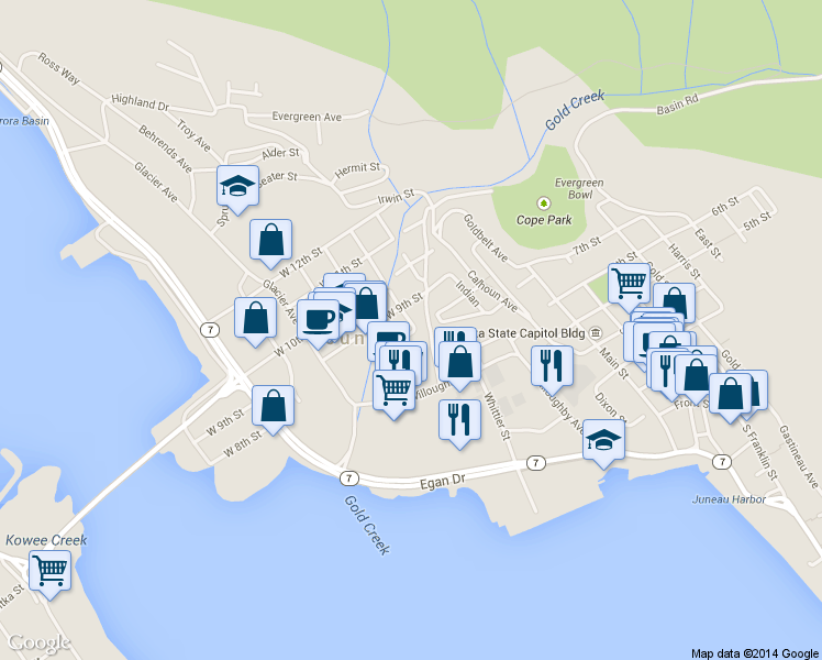 map of restaurants, bars, coffee shops, grocery stores, and more near 822 B St in Juneau