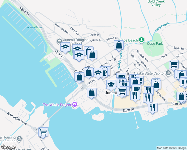map of restaurants, bars, coffee shops, grocery stores, and more near in Juneau