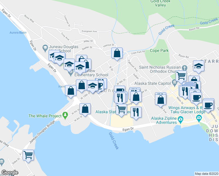 map of restaurants, bars, coffee shops, grocery stores, and more near 624 West 9th Street in Juneau