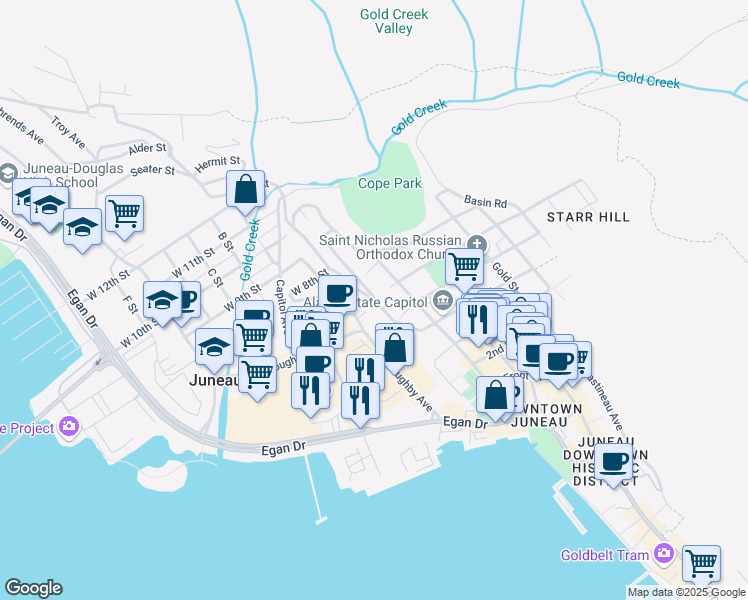 map of restaurants, bars, coffee shops, grocery stores, and more near 600 Calhoun Avenue in Juneau