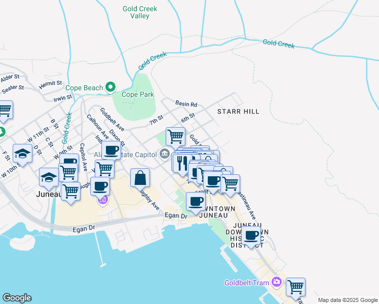 map of restaurants, bars, coffee shops, grocery stores, and more near 339 North Franklin Street in Juneau