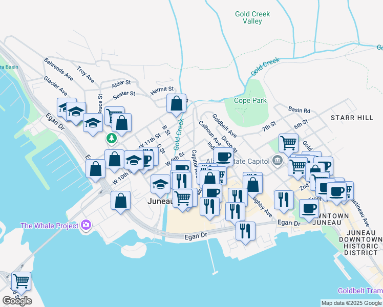 map of restaurants, bars, coffee shops, grocery stores, and more near 822 B St in Juneau