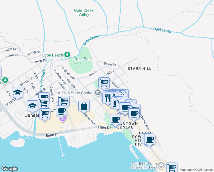 map of restaurants, bars, coffee shops, grocery stores, and more near 532 Gold Street in Juneau