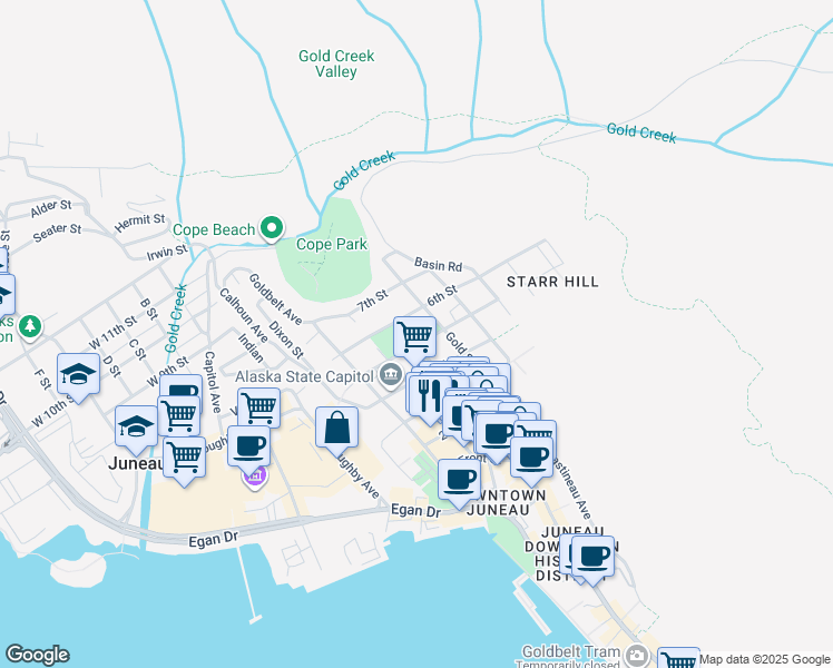 map of restaurants, bars, coffee shops, grocery stores, and more near 532 Gold Street in Juneau