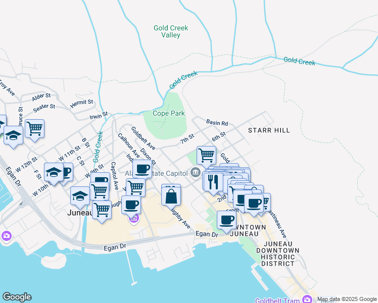 map of restaurants, bars, coffee shops, grocery stores, and more near 6th Street in Juneau