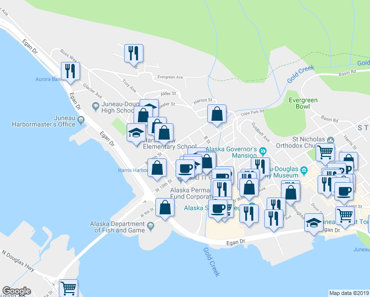 map of restaurants, bars, coffee shops, grocery stores, and more near 1115 D Street in Juneau