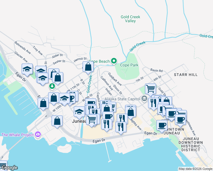 map of restaurants, bars, coffee shops, grocery stores, and more near 904 Calhoun Avenue in Juneau
