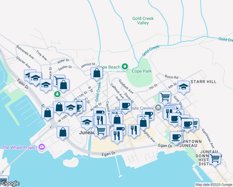 map of restaurants, bars, coffee shops, grocery stores, and more near 904 Calhoun Avenue in Juneau