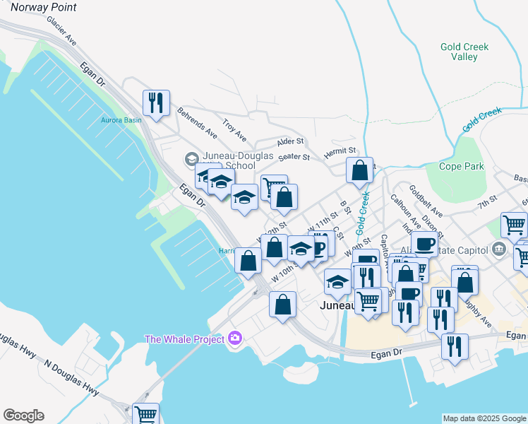 map of restaurants, bars, coffee shops, grocery stores, and more near East Glacier Trail in Juneau