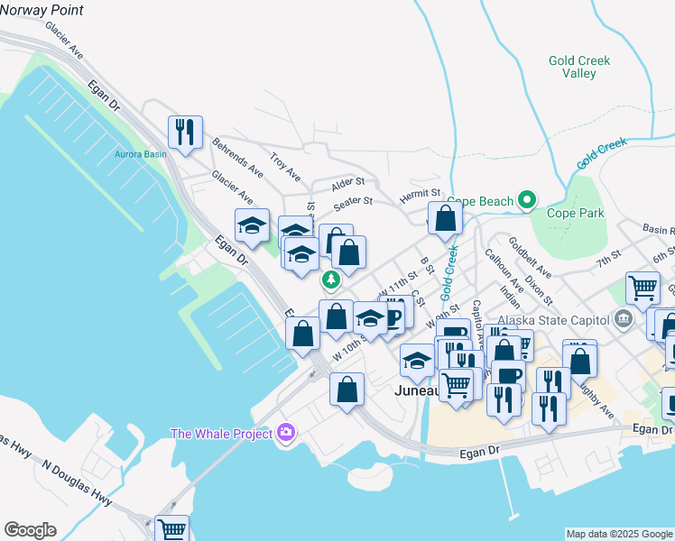 map of restaurants, bars, coffee shops, grocery stores, and more near 1248 Glacier Avenue in Juneau