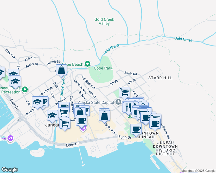 map of restaurants, bars, coffee shops, grocery stores, and more near 213 7th Street in Juneau