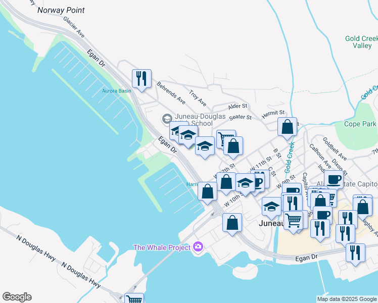 map of restaurants, bars, coffee shops, grocery stores, and more near 1415 Glacier Avenue in Juneau