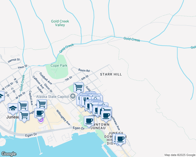 map of restaurants, bars, coffee shops, grocery stores, and more near East Street in Juneau