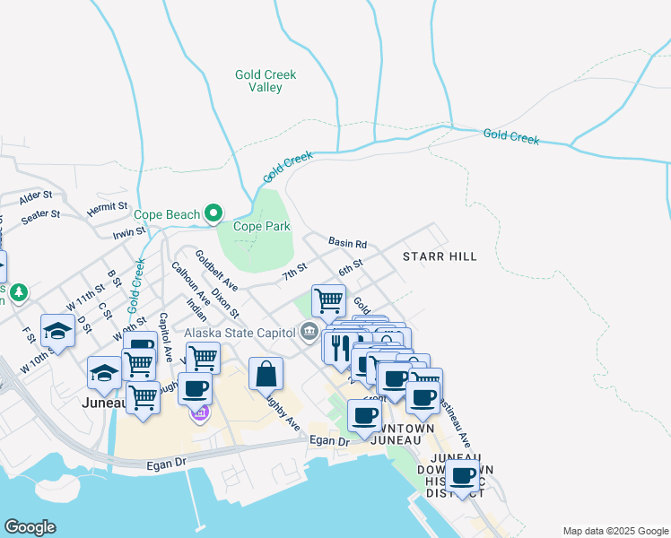 map of restaurants, bars, coffee shops, grocery stores, and more near 611 Gold Street in Juneau