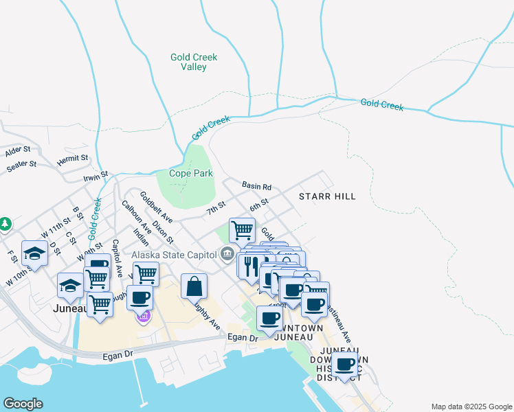 map of restaurants, bars, coffee shops, grocery stores, and more near 6th Street in Juneau
