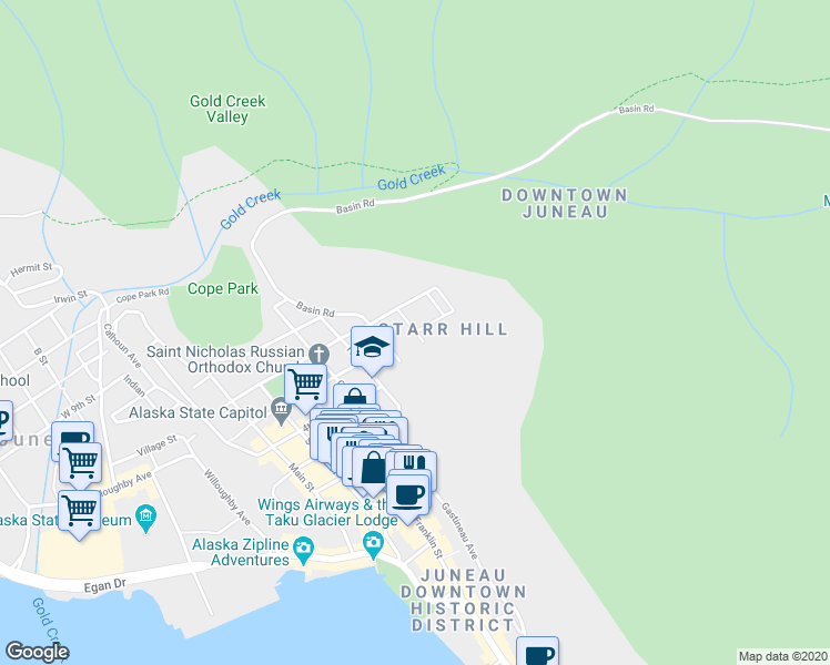 map of restaurants, bars, coffee shops, grocery stores, and more near 699 5th Street in Juneau