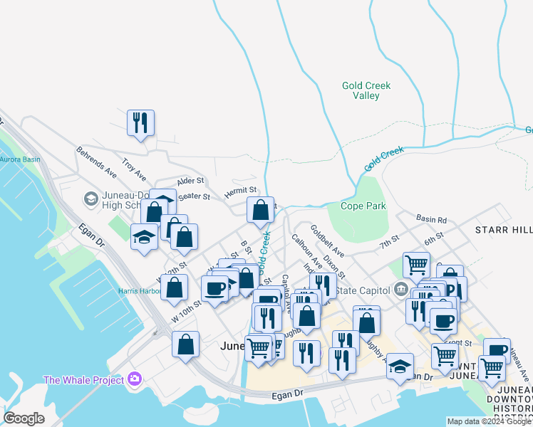 map of restaurants, bars, coffee shops, grocery stores, and more near 225 Irwin St in Juneau