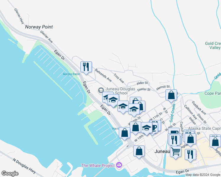 map of restaurants, bars, coffee shops, grocery stores, and more near 1612 Glacier Ave in Juneau
