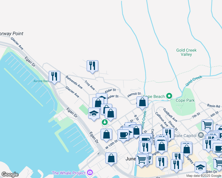 map of restaurants, bars, coffee shops, grocery stores, and more near 1670 Evergreen Avenue in Juneau