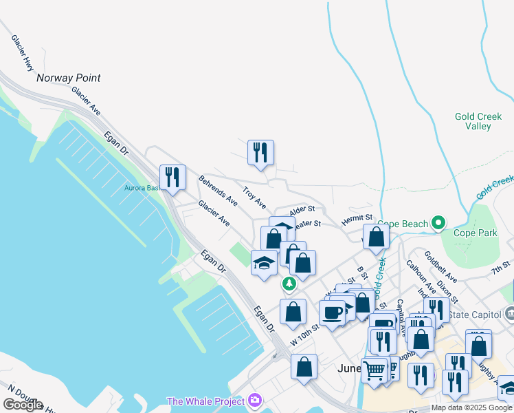 map of restaurants, bars, coffee shops, grocery stores, and more near 314 Highland Drive in Juneau