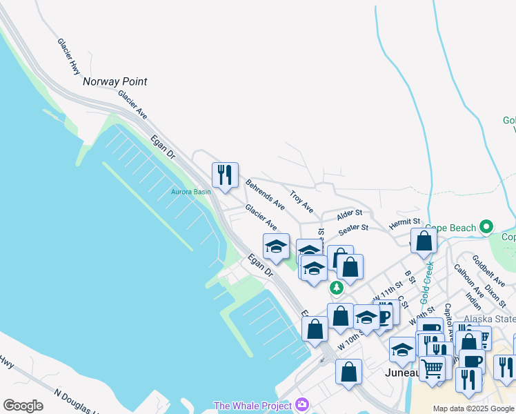 map of restaurants, bars, coffee shops, grocery stores, and more near 166 Behrends Avenue in Juneau