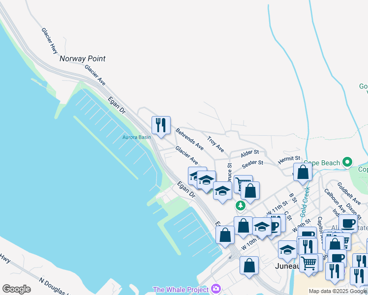 map of restaurants, bars, coffee shops, grocery stores, and more near 166 Behrends Avenue in Juneau