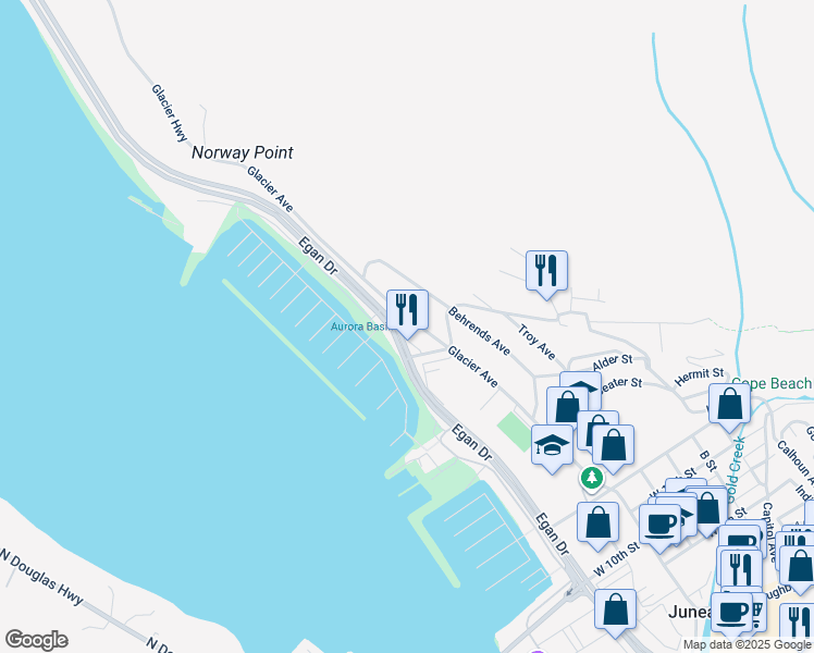 map of restaurants, bars, coffee shops, grocery stores, and more near 1728 Glacier Avenue in Juneau