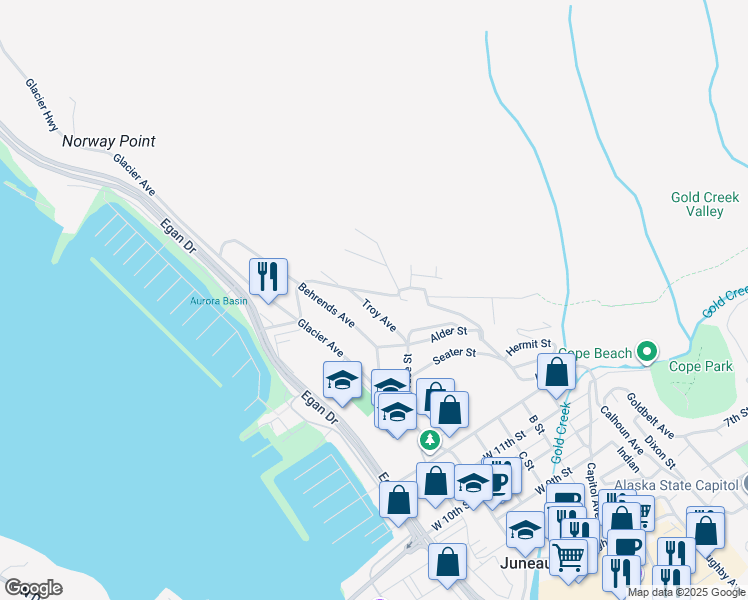 map of restaurants, bars, coffee shops, grocery stores, and more near 314 Highland Drive in Juneau