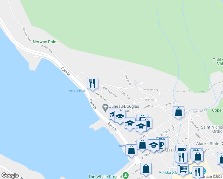 map of restaurants, bars, coffee shops, grocery stores, and more near 166 Behrends Avenue in Juneau