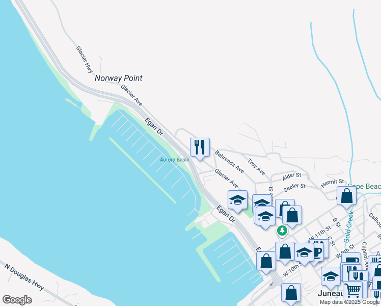 map of restaurants, bars, coffee shops, grocery stores, and more near 1728 Glacier Ave in Juneau