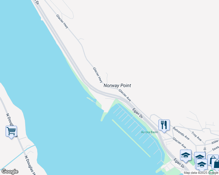 map of restaurants, bars, coffee shops, grocery stores, and more near 1255 Glacier Highway in Juneau