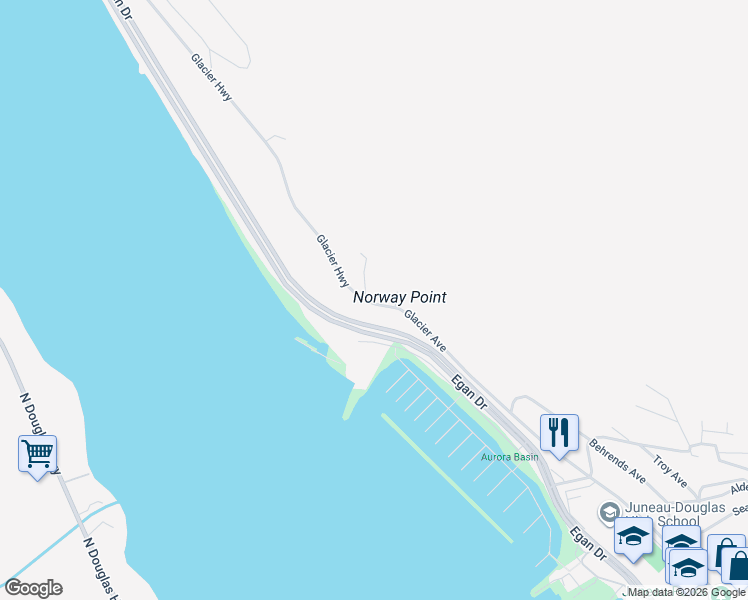 map of restaurants, bars, coffee shops, grocery stores, and more near 1255 Glacier Highway in Juneau