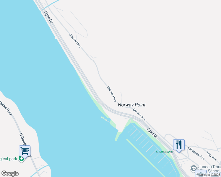 map of restaurants, bars, coffee shops, grocery stores, and more near 1415 Glacier Highway in Juneau