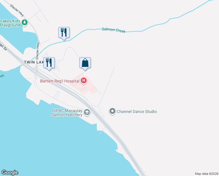 map of restaurants, bars, coffee shops, grocery stores, and more near 2546 Salmon Creek Trail in Juneau