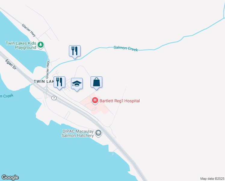 map of restaurants, bars, coffee shops, grocery stores, and more near 1801 Salmon Creek Lane in Juneau
