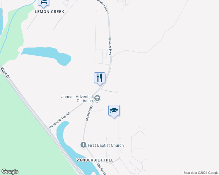 map of restaurants, bars, coffee shops, grocery stores, and more near Thunder Mountain Trail in Juneau