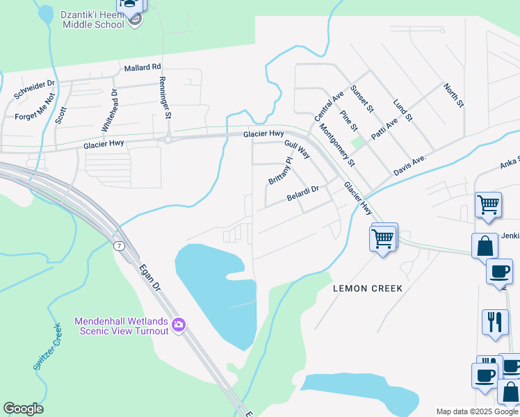map of restaurants, bars, coffee shops, grocery stores, and more near 1349 Belardi Drive in Juneau