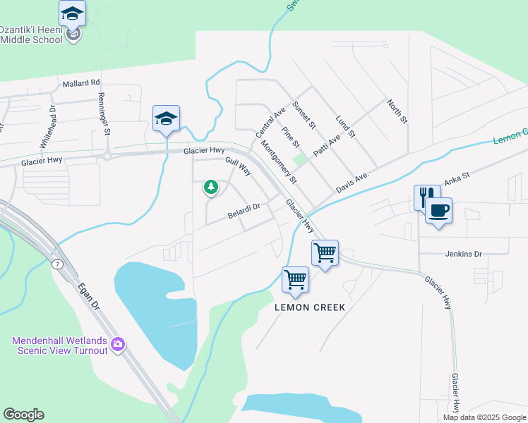 map of restaurants, bars, coffee shops, grocery stores, and more near 72 Belardi Drive in Juneau