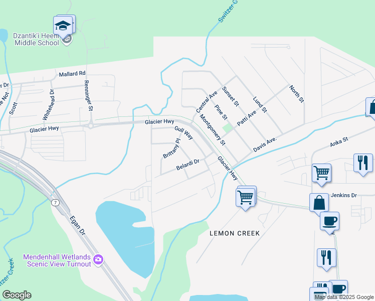 map of restaurants, bars, coffee shops, grocery stores, and more near 1349-1399 Belardi Drive in Juneau