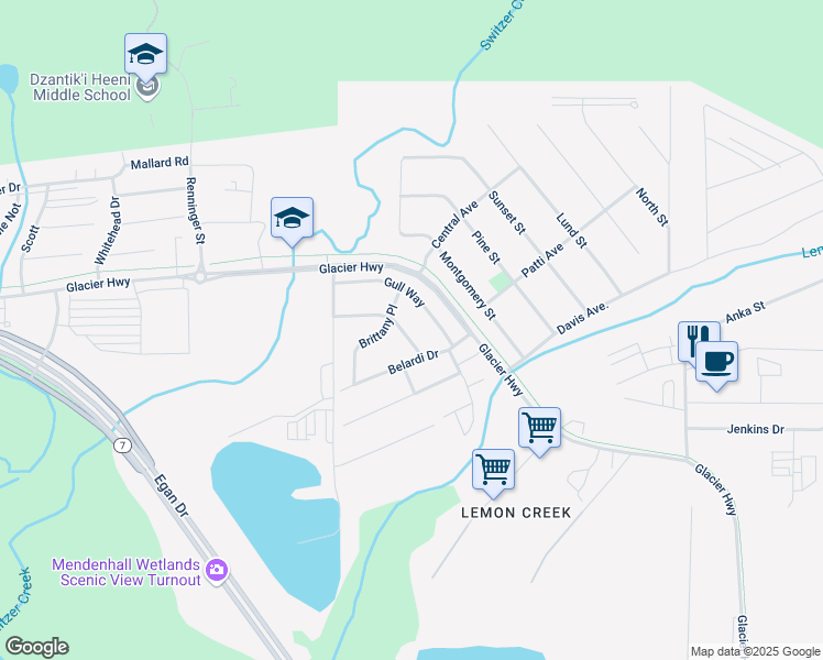 map of restaurants, bars, coffee shops, grocery stores, and more near 1349-1399 Belardi Drive in Juneau