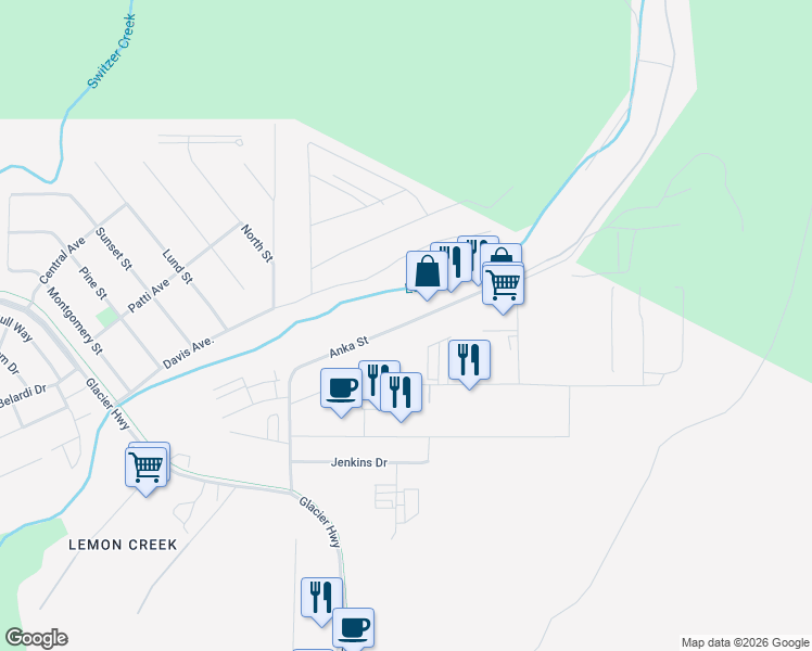 map of restaurants, bars, coffee shops, grocery stores, and more near 1820 Anka Street in Juneau