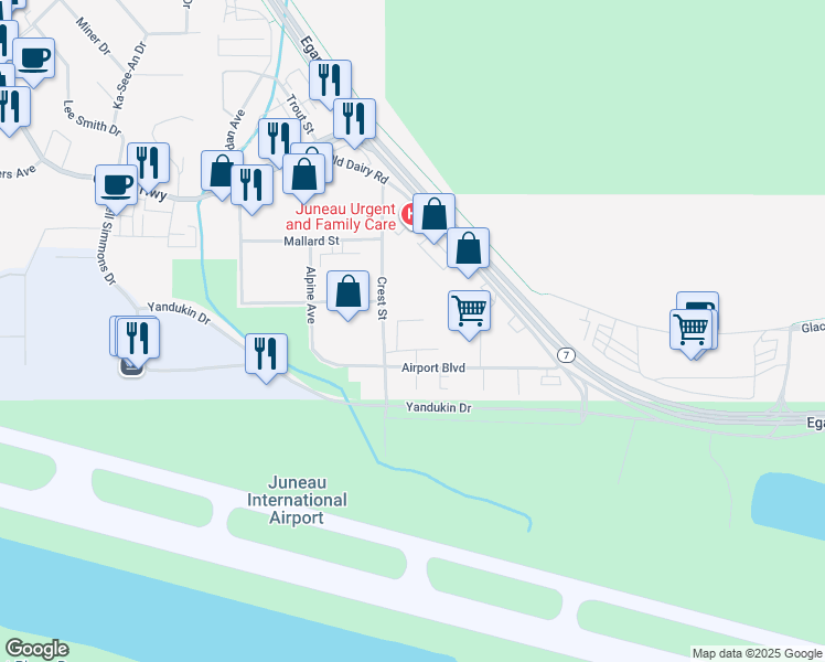 map of restaurants, bars, coffee shops, grocery stores, and more near 8550 Airport Boulevard in Juneau