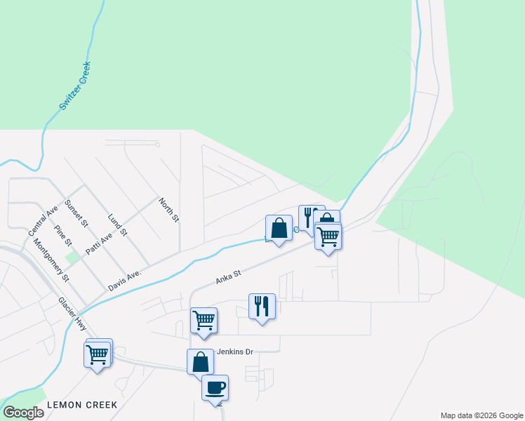 map of restaurants, bars, coffee shops, grocery stores, and more near 1901 Davis Avenue in Juneau