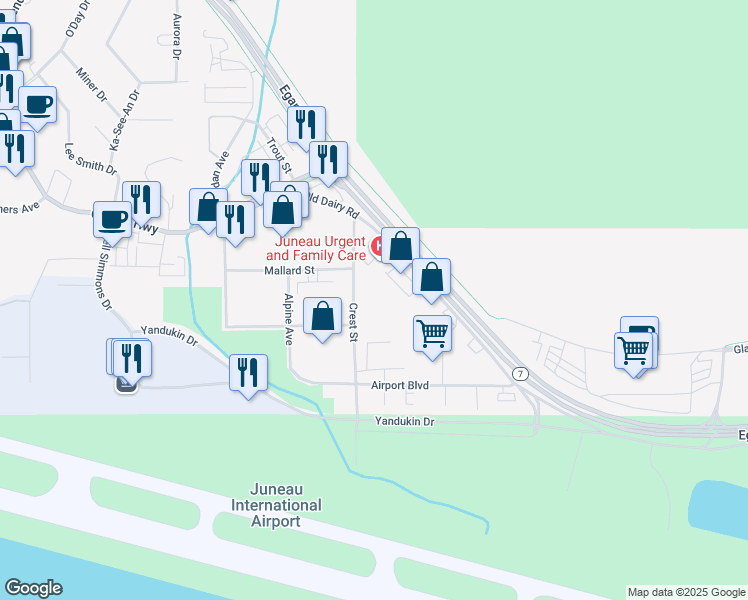 map of restaurants, bars, coffee shops, grocery stores, and more near 8550 Airport Boulevard in Juneau