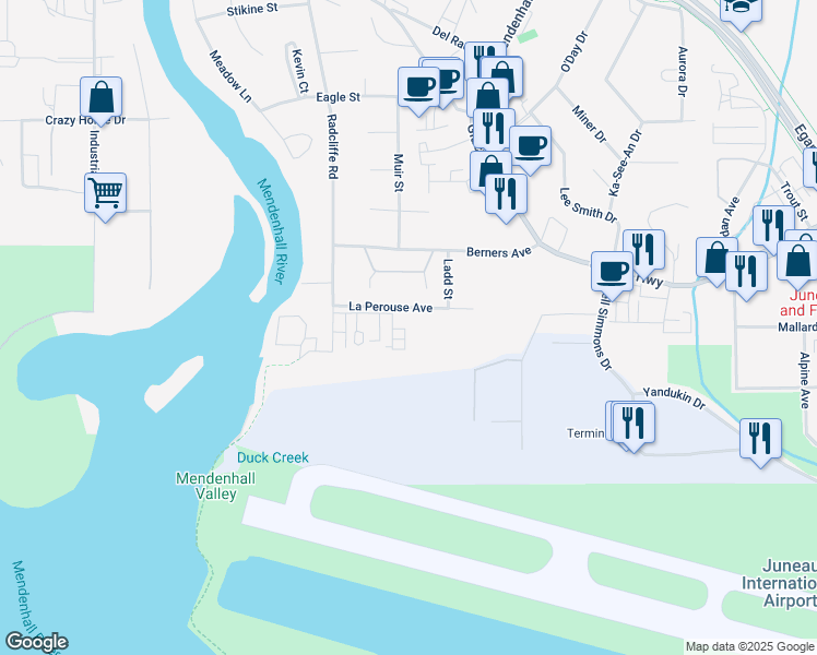 map of restaurants, bars, coffee shops, grocery stores, and more near 9431 La Perouse Avenue in Juneau